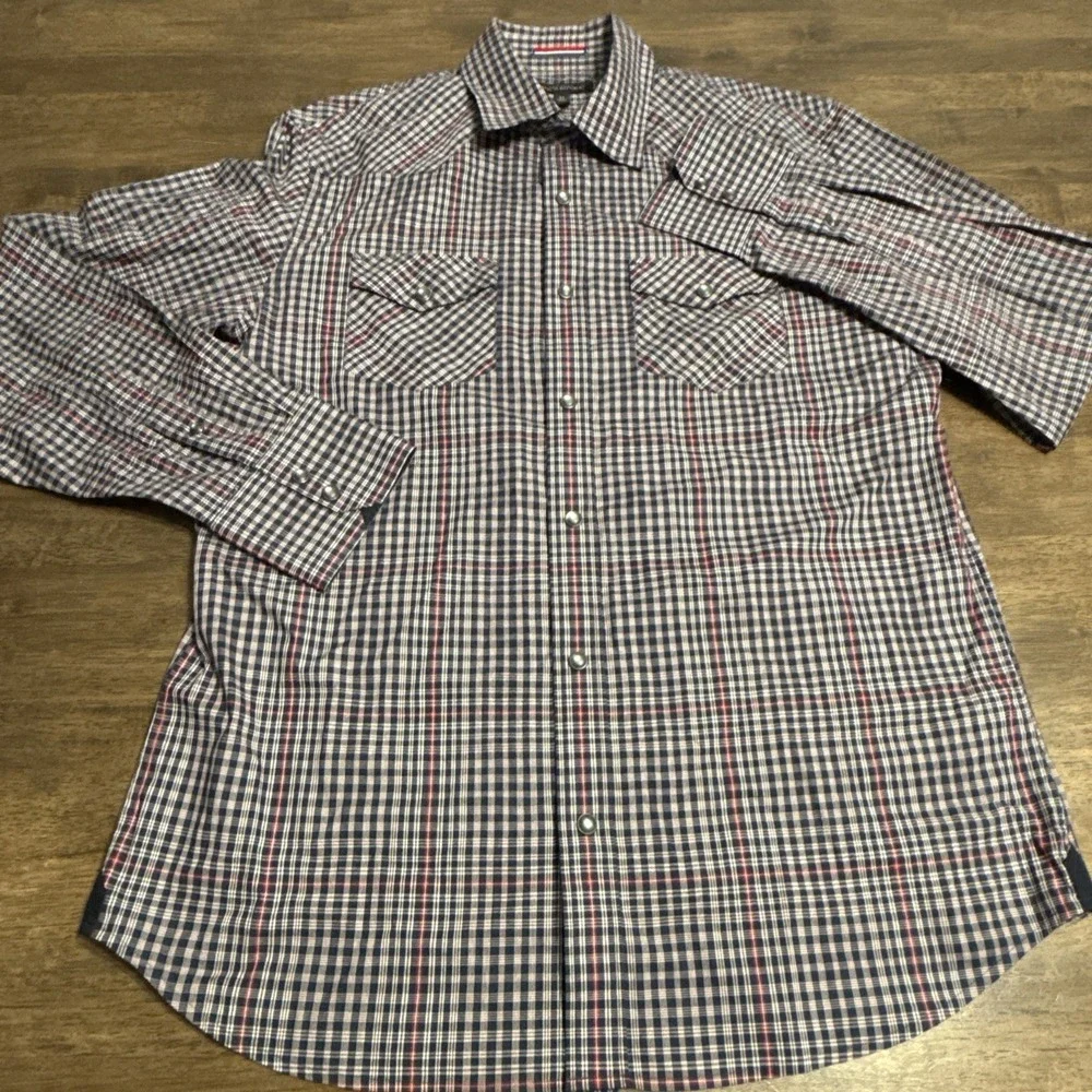 Banana Republic‎ Shirt Men's Medium Blue Red Plaid Pearl Snap Western Rockabilly